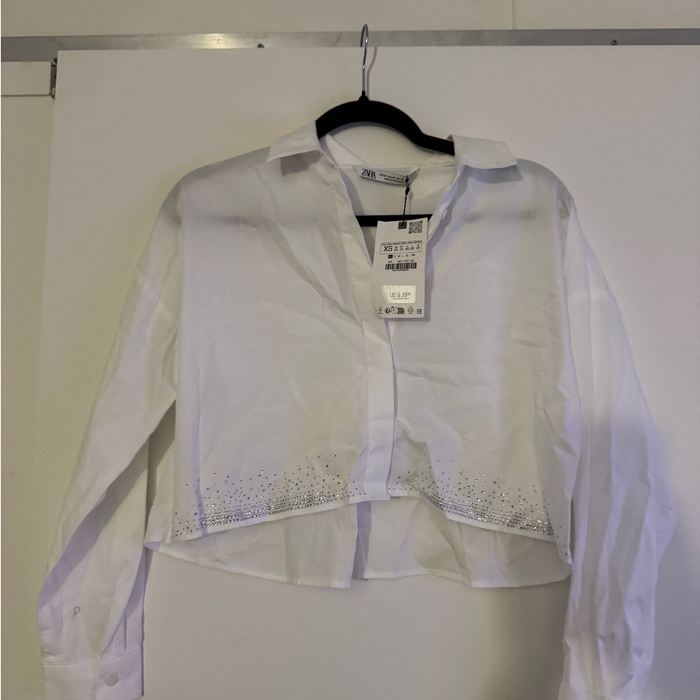 Zara White Button Down Shirt with Rhinestone Accents